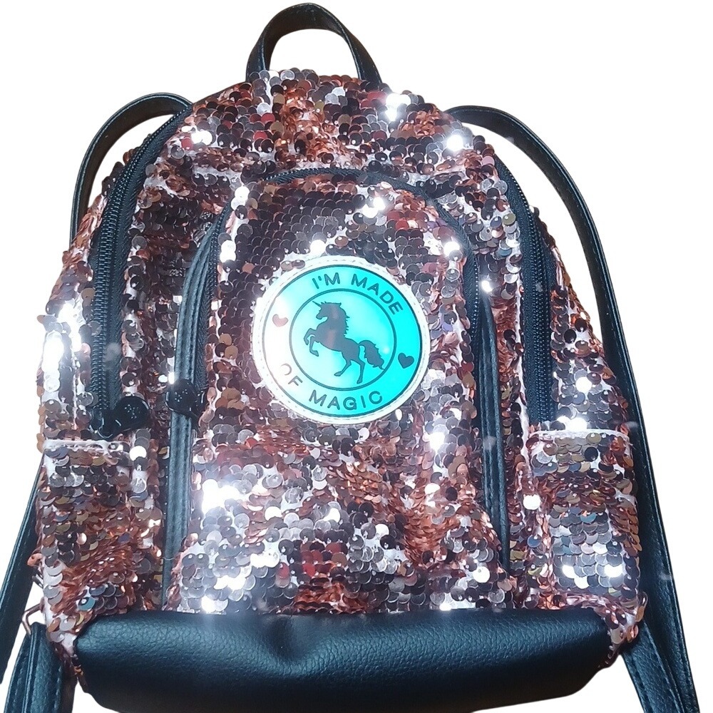 Justice Mini Backpack Kids OS Rose Gold Sequin‎ Unicorn Made of Magic Sparkle